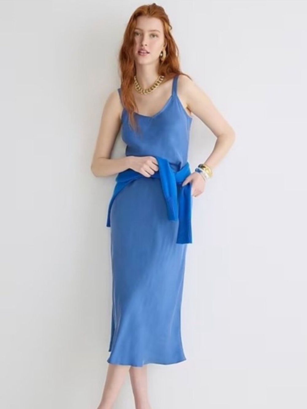 J. Crew Gwyneth V Neck Cupro Silk Slip Midi Dress in Blue